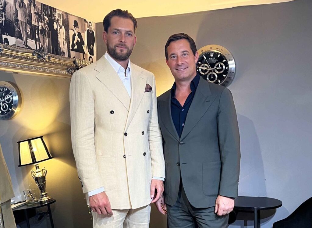 Ex-tennis British player Lewis Burton Chooses McCann Bespoke for a Custom Beige Linen Suit for a Wedding