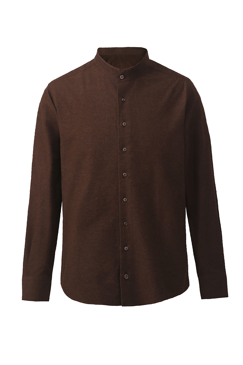 Brown Collarless Flannel Shirt