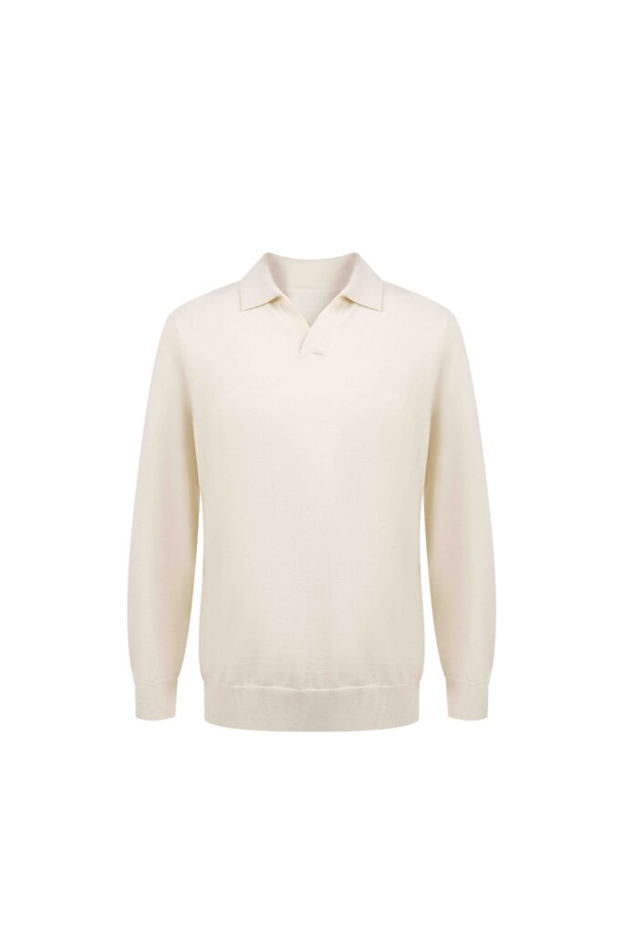 Cream Wool Long-Sleeve Polo Sweater