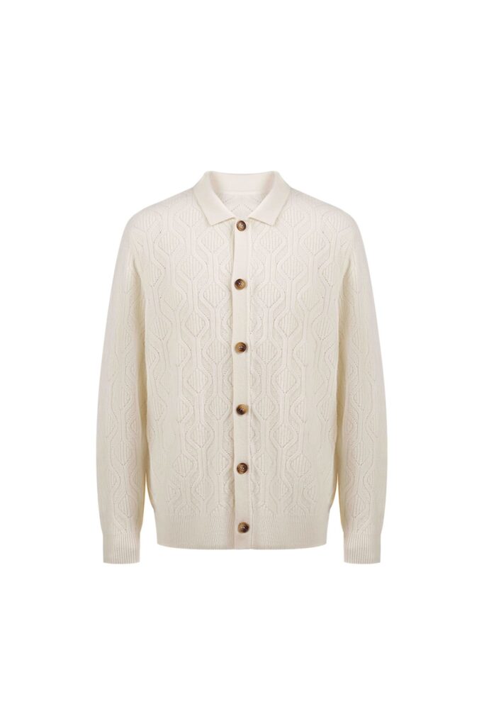 Cream Wool Patterned Knit Cardigan