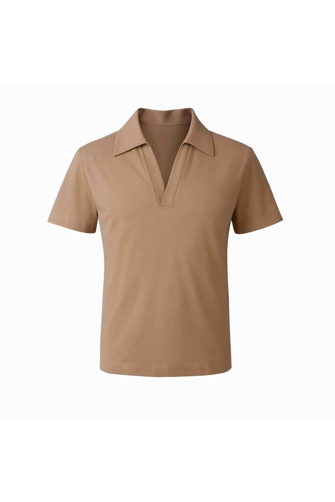 Beige Cotton V-Neck Polo