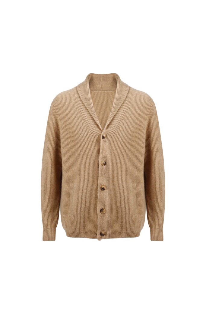 Camel Wool Ribbed Shawl Collar Cardigan