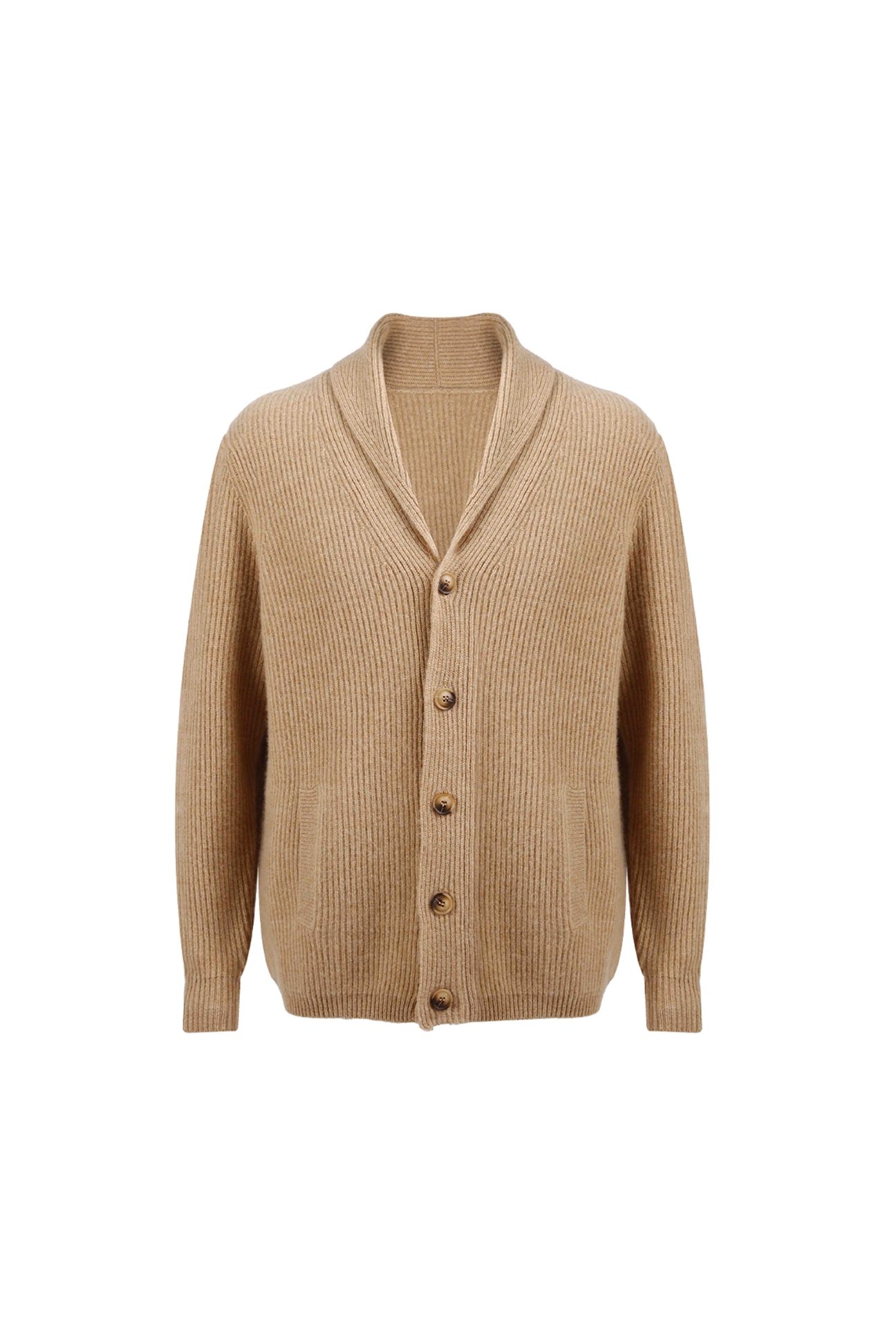 Camel Wool Ribbed Shawl Collar Cardigan