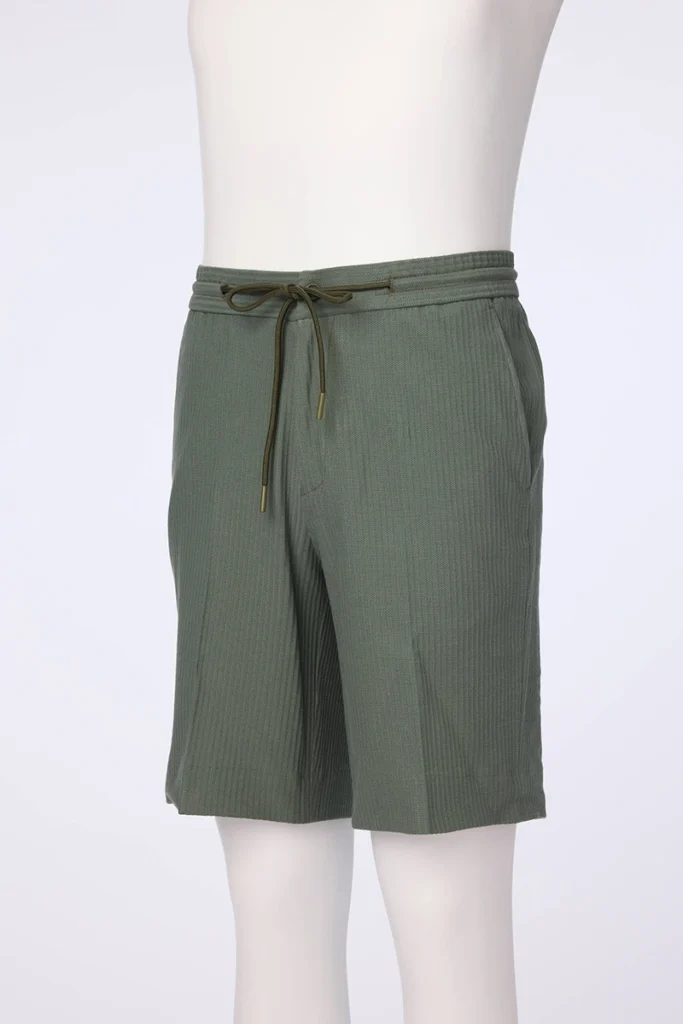 Green Stretch Seersucker Casual Shorts