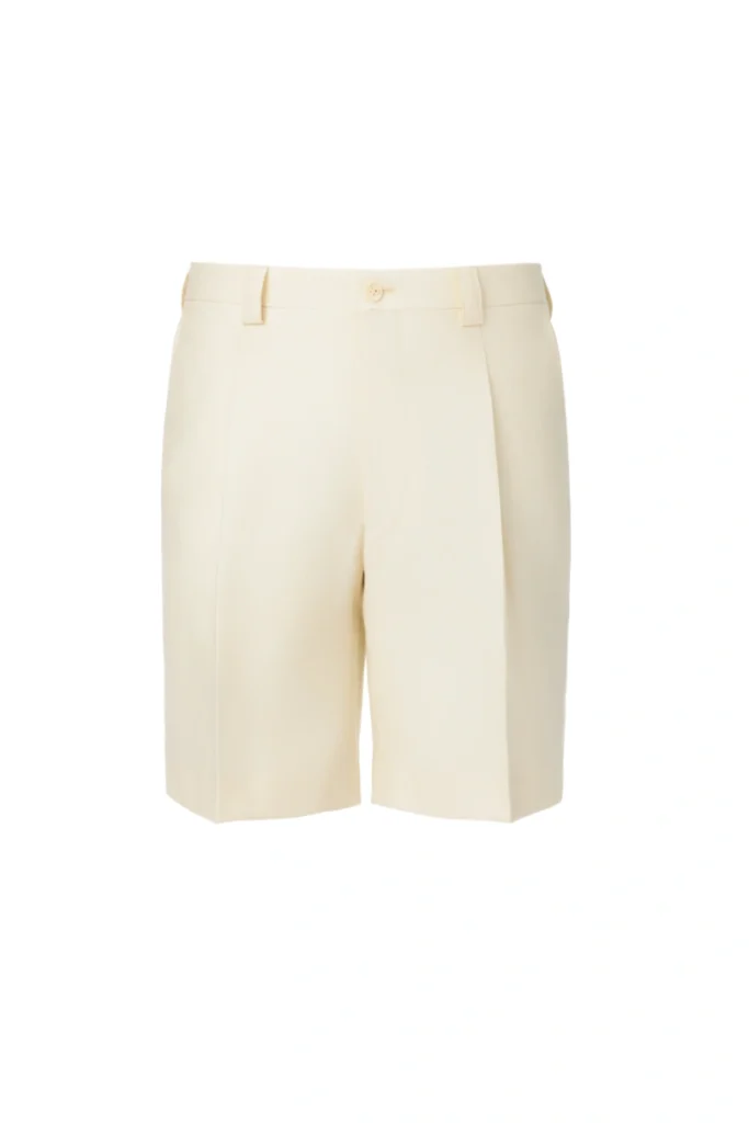 Cream Wool-Linen Herringbone Pleated Shorts
