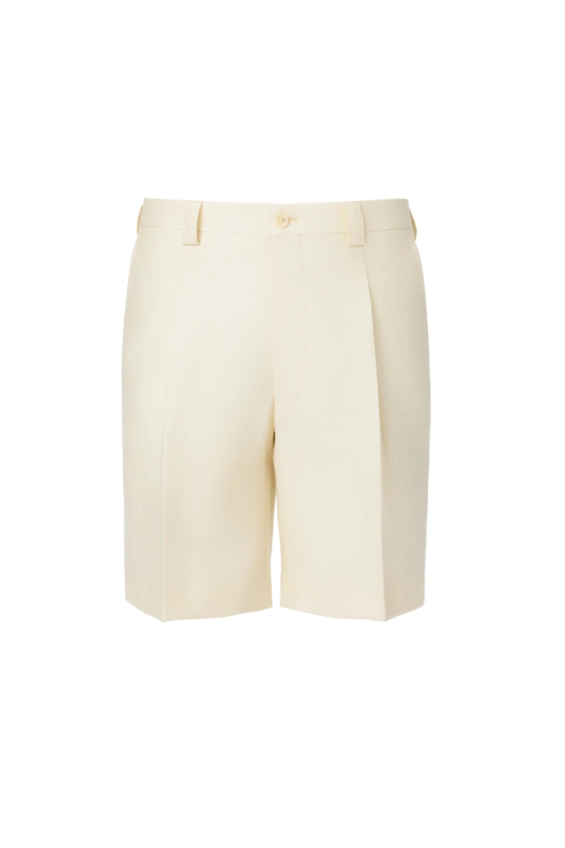 Cream Wool-Linen Herringbone Pleated Shorts