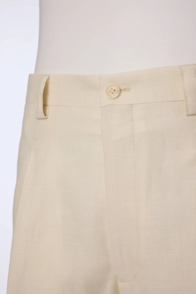 Cream Wool-Linen Herringbone Pleated Shorts
