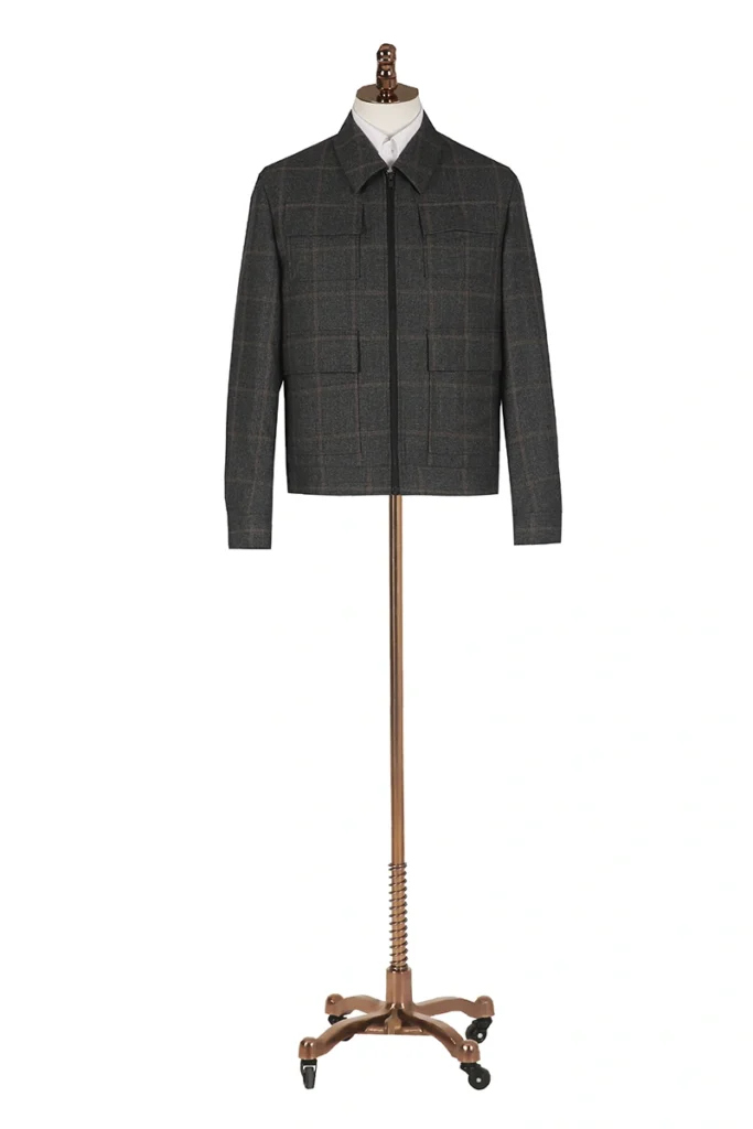 Grey Plaid Wool Zip Jacket