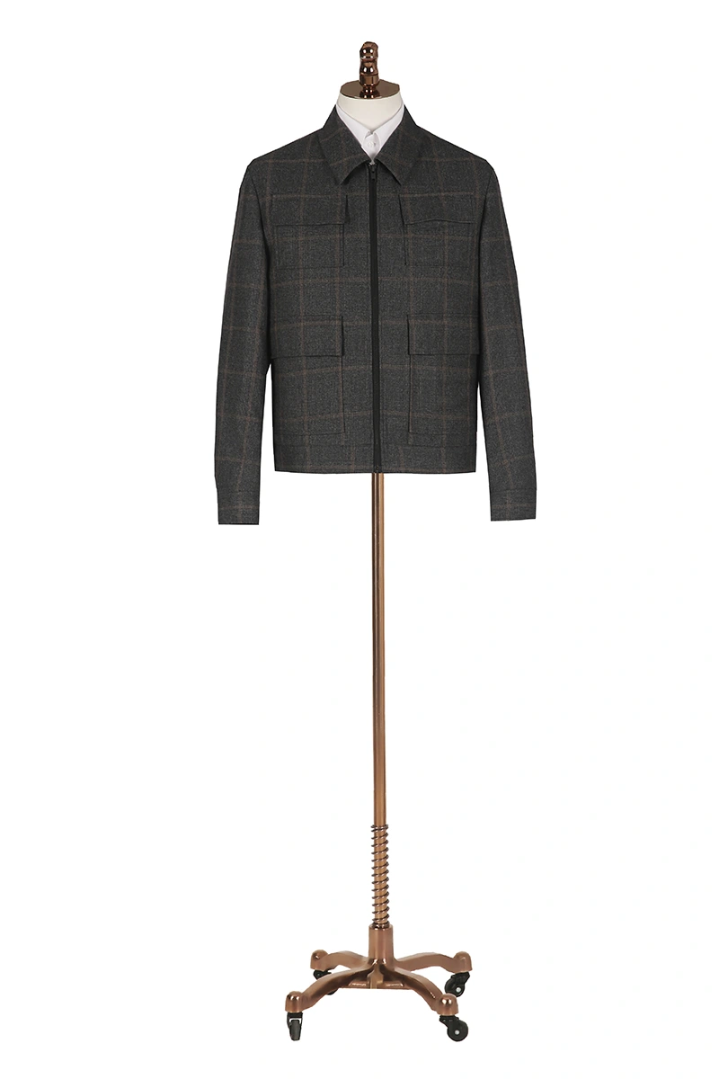 Grey Plaid Wool Zip Jacket