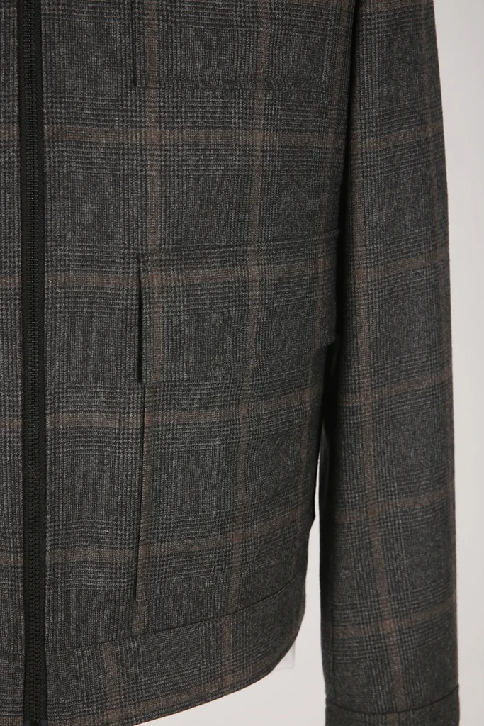 Grey Plaid Wool Zip Jacket
