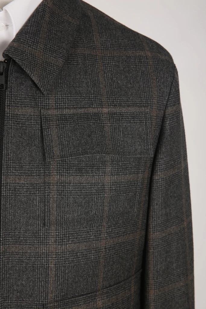 Grey Plaid Wool Zip Jacket