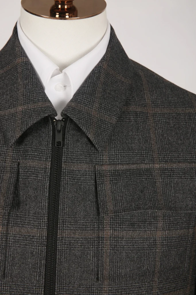 Grey Plaid Wool Zip Jacket