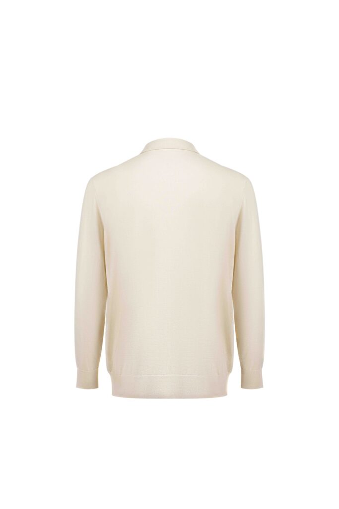 Cream Wool Long-Sleeve Polo Sweater