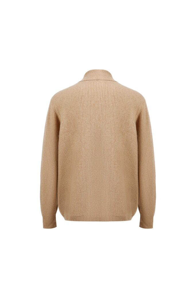 Camel Wool Ribbed Shawl Collar Cardigan