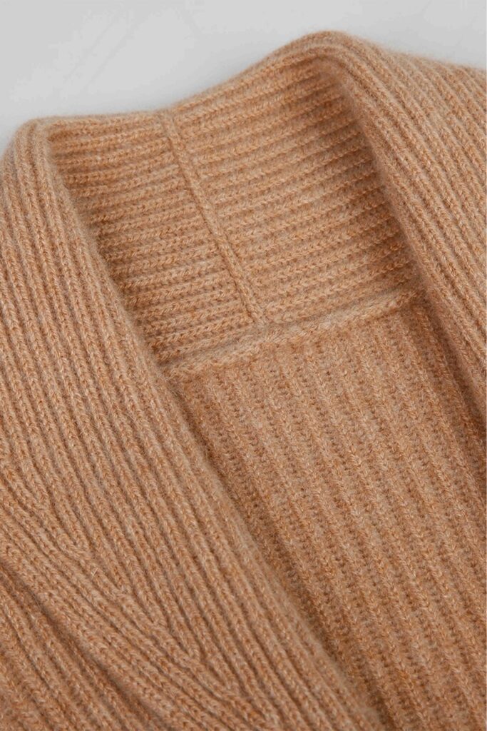 Camel Wool Ribbed Shawl Collar Cardigan
